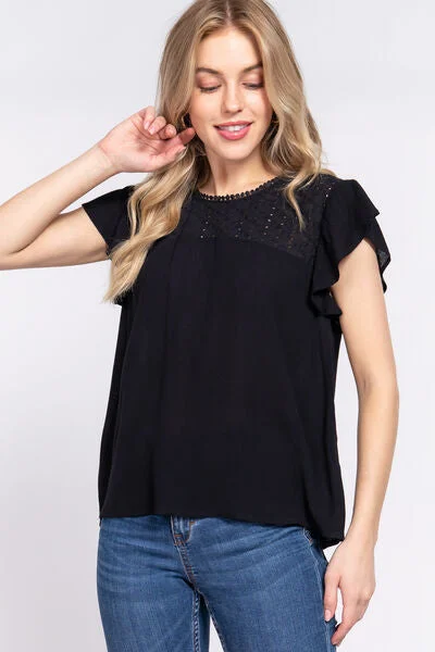 Long-sleeve cotton Blouses & Shirts for fall-Black Ruffle Short Sleeve Crochet Blouse (Online Exclusive)