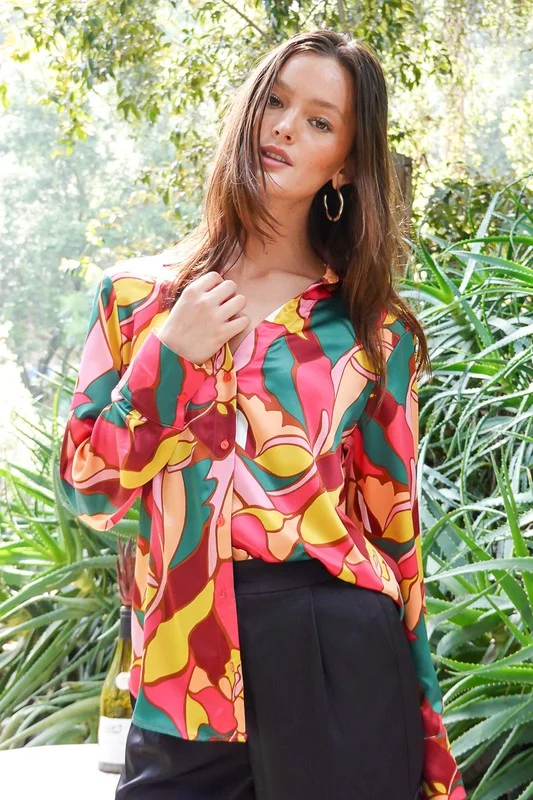 Blouses & Shirts with embroidery for style-Retro Print Satin Blouse