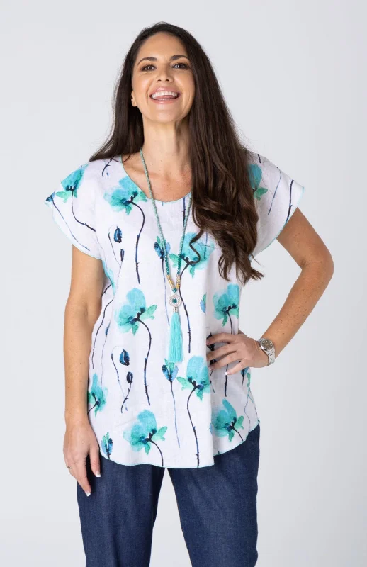 Elegant satin Blouses & Shirts for office wear-Stems Print Short Sleeve 100% Linen Top