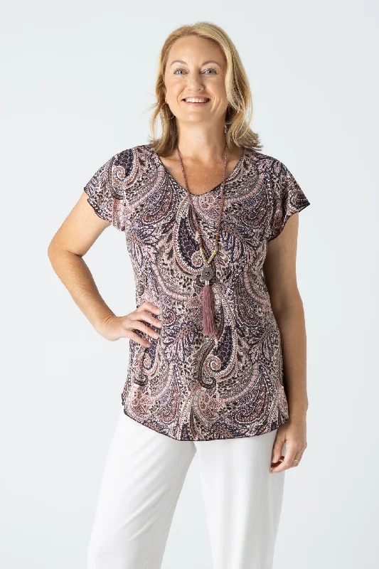 Blouses & Shirts for business events-Musk Print Short Sleeve Jersey Top