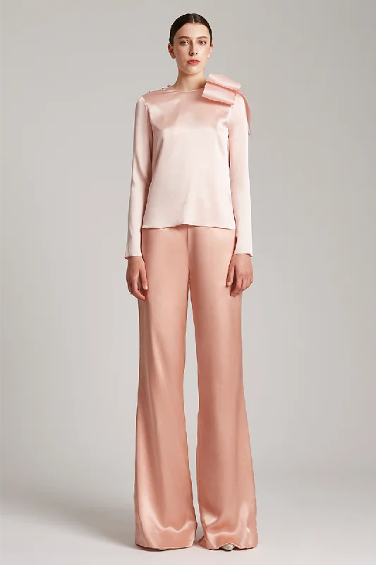 Blouses & Shirts for chic dinner events-Silk Satin Button and Bow Embellished Blouse with Long Sleeves in Blush Pink