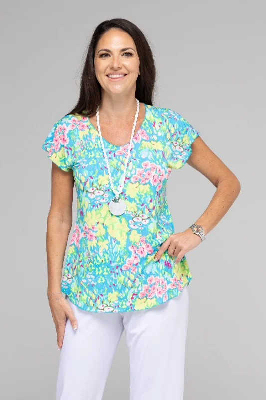 Blouses & Shirts with lightweight fabrics for travel-Neon Print Short Sleeve Jersey Top