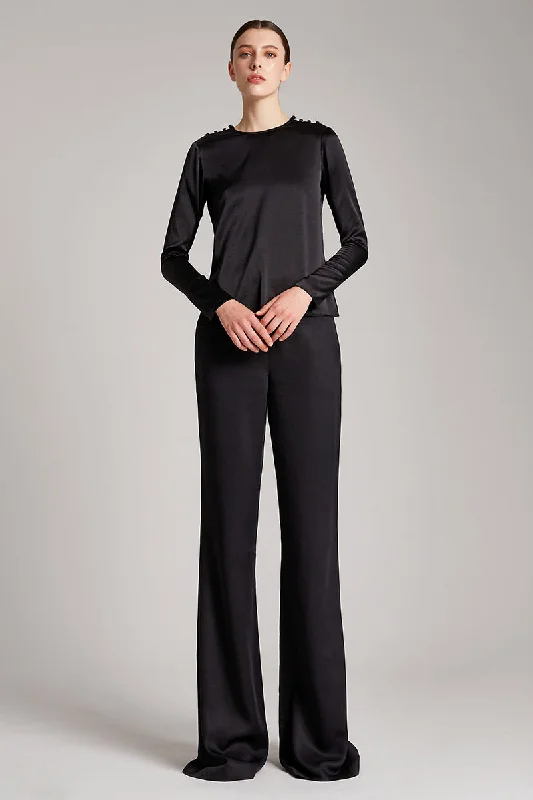 Blouses & Shirts with V-neck designs-Silk Satin Button and Bow Embellished Blouse with Long Sleeves in Black