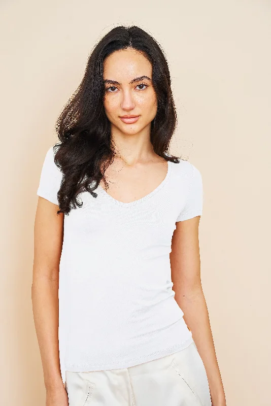 Eco - Friendly T Shirts-Majestic Short Sleeve V-Neck Tee in Blanc