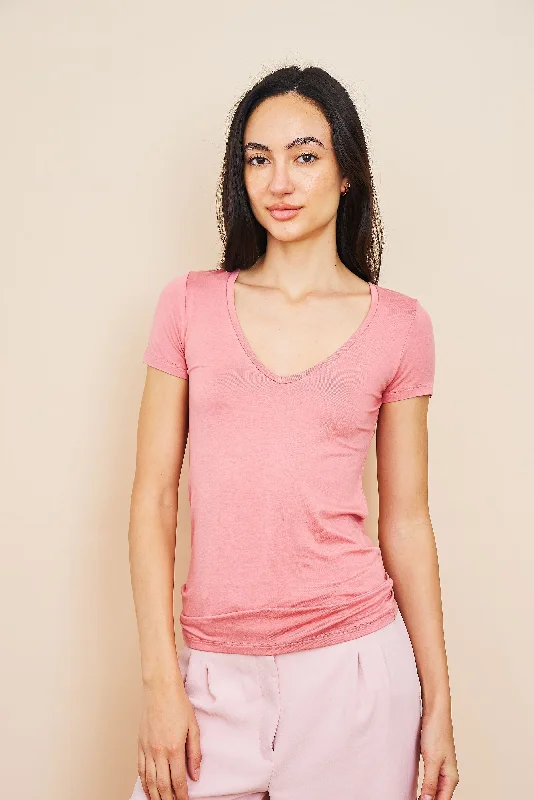 Blend T Shirts-Majestic Short Sleeve V-Neck Tee in Bouton De Rose