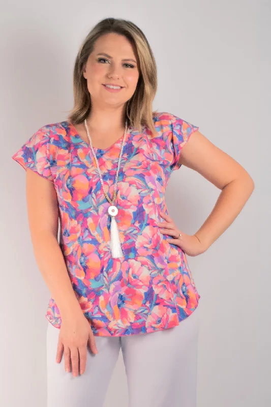 Blouses & Shirts with puff-sleeve designs-Floss Print Short Sleeve Jersey Top