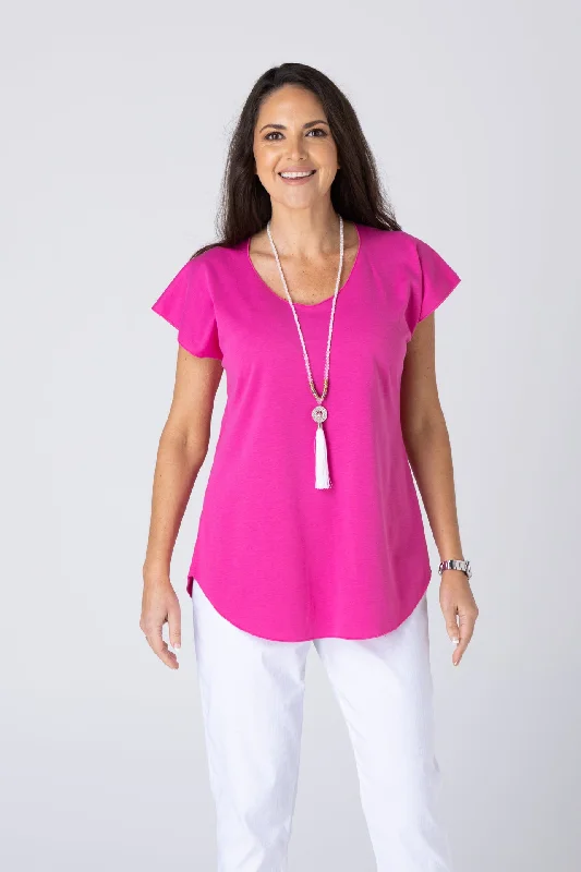 Stylish high-neck Blouses & Shirts for winter looks-Hot Pink Short Sleeve Cotton Sports Knit Top