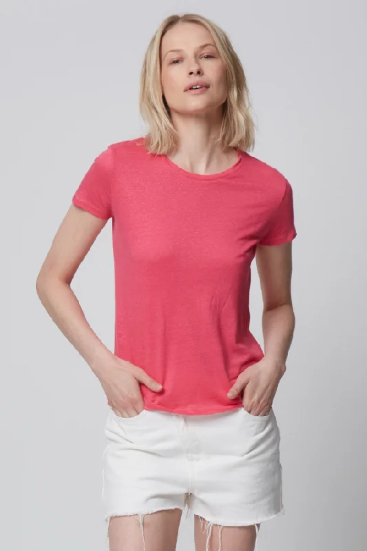 Oversized T Shirts-Majestic Linen Short Sleeve Crew Tee in Flamingo