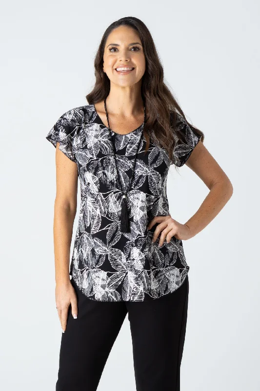 Elegant draped Blouses & Shirts for business wear-Fossil Print Short Sleeve Jersey Top