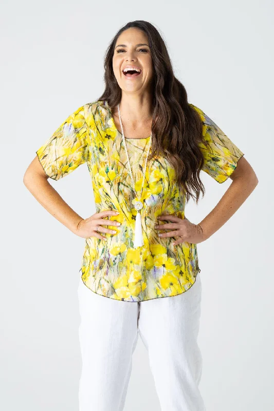 Blouses & Shirts with fun floral patterns-Buttercup Print Short Sleeve Linen/Silk Shirt