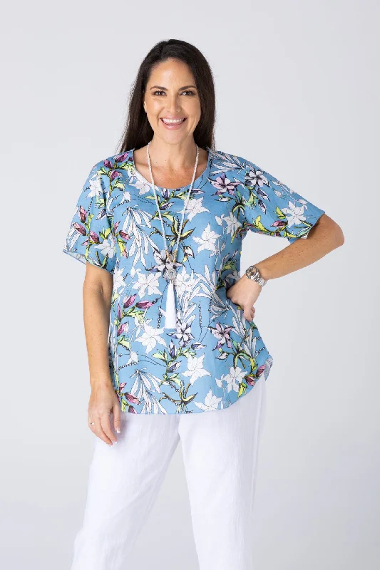 Stylish off-shoulder Blouses & Shirts for summer-French Print Short Sleeve Linen/Silk Shirt