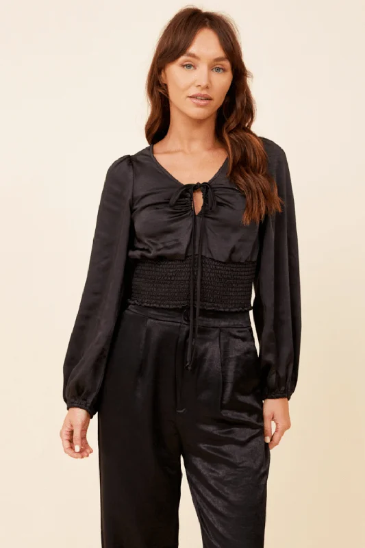 Feminine Blouses & Shirts for spring-Black Heavy Satin Criss Cross Blouse