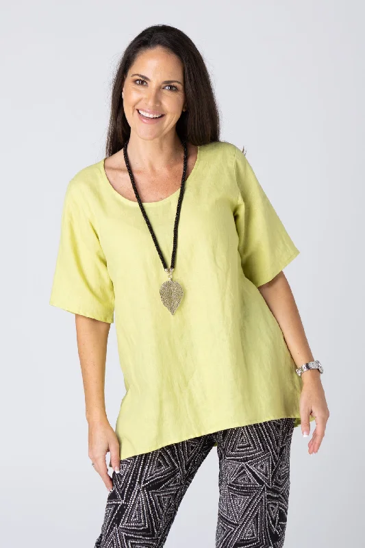 Blouses & Shirts with trendy patterns-Pistachio Short Sleeve Linen Swing Shirt