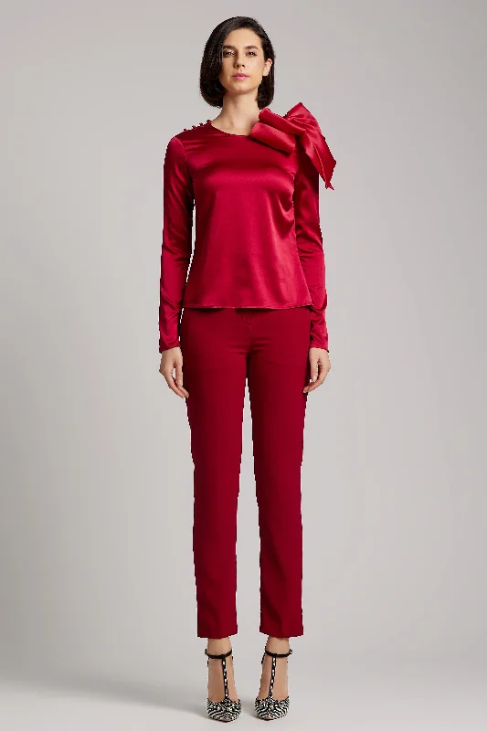 Feminine puff-sleeve Blouses & Shirts-Silk Satin Button and Bow Embellished Blouse with Long Sleeves in Maroon