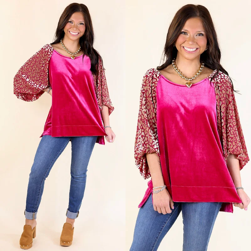 Wrap-around Blouses & Shirts for women-Keeping Warm Animal Print Velvet Half Sleeve Blouse in Raspberry Red