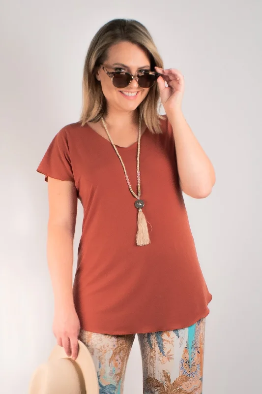 Elegant satin Blouses & Shirts with delicate details-Rust Microfibre Jersey Short Sleeve Top