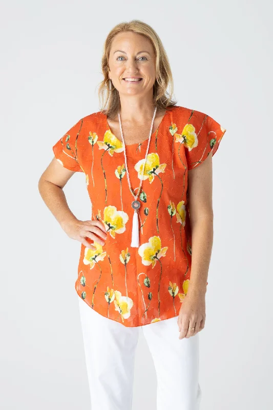 Casual shirts for stylish women-Tangerine Print Short Sleeve Non-Crush Jacquard Cotton Top