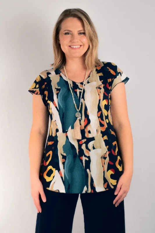 Blouses & Shirts with bold geometric prints-Scramble Print Short Sleeve Jersey Top