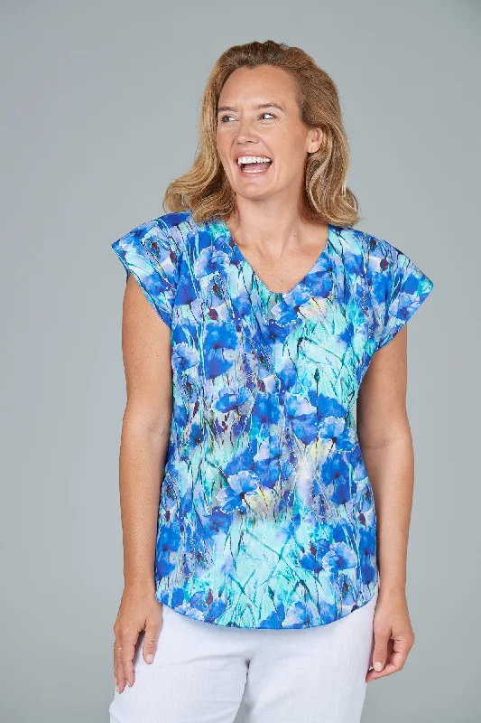 Blouses & Shirts with fun stripe designs-Whitsunday Print Short Sleeve Linen and Silk Top