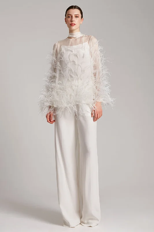 Fashionable Blouses & Shirts with button accents-Ostrich Feather Embellished Blouse with Bell Sleeves in White