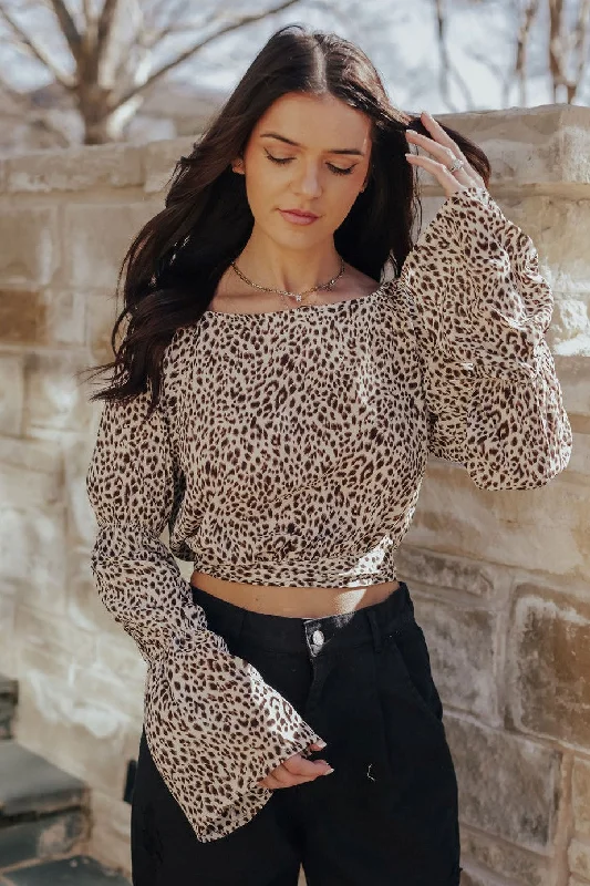 Blouses & Shirts with lace trim-Leopard Open Back Bell Sleeve Blouse