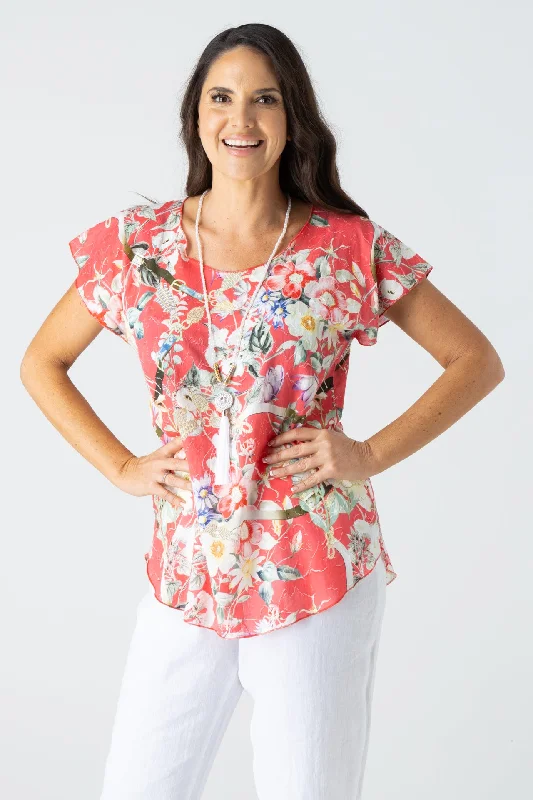 Stylish Blouses & Shirts with floral motifs-Sorbet Print Short Sleeve Non-Crush Jacquard Cotton Top