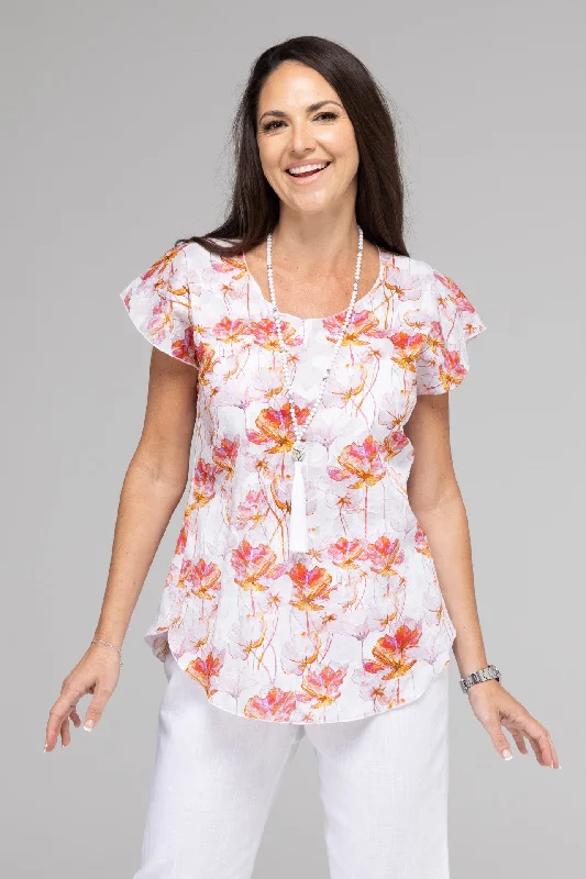 Elegant silk Blouses & Shirts with bow tie details-Strawberry Print Short Sleeve Non-Crush Jacquard Cotton Top