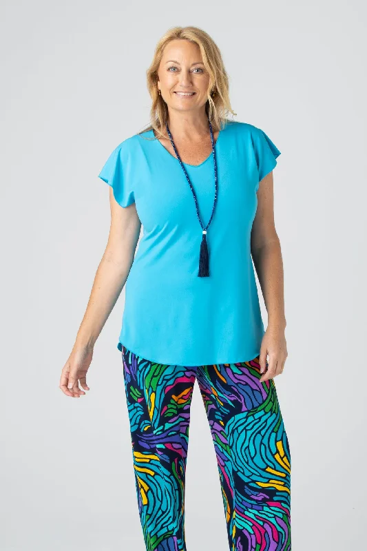 Elegant silk Blouses & Shirts for office-Turquoise Microfibre Jersey Short Sleeve Top