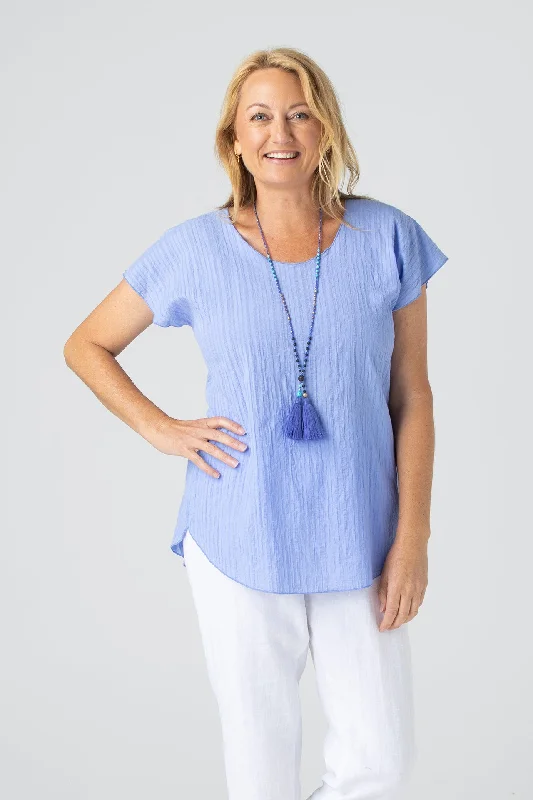 Blouses & Shirts with pleated front for fashionistas-Lilac Print Short Sleeve Cotton Top