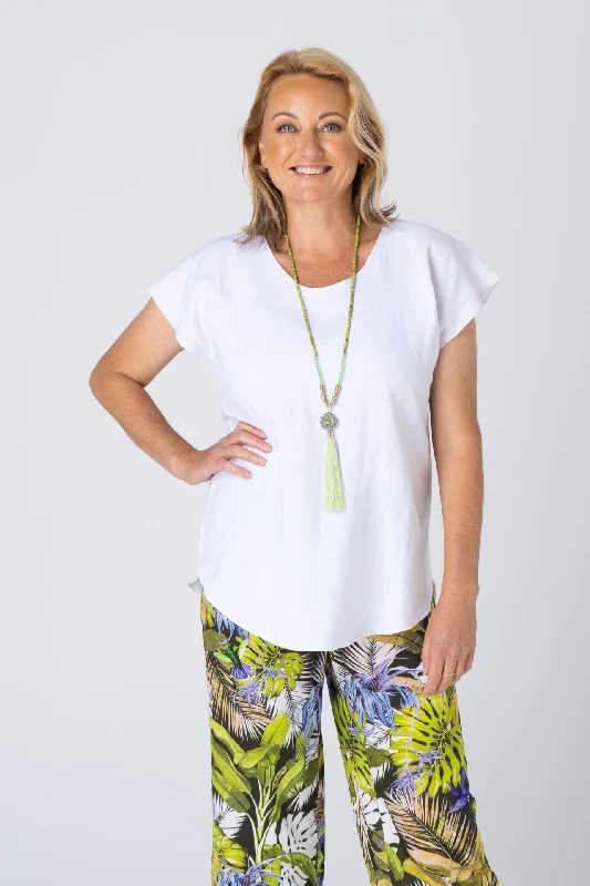 Blouses & Shirts with chic draped details-White Short Sleeve Linen Top