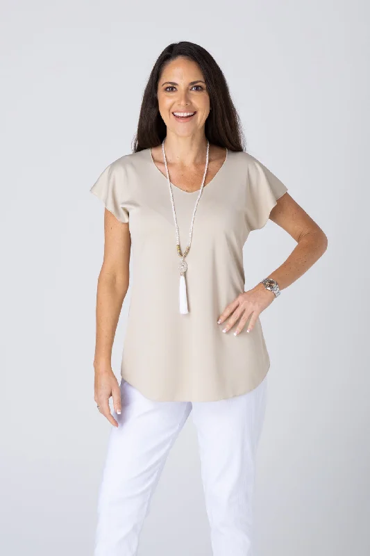 Elegant long-sleeve Blouses & Shirts for chic outfits-Beige Activewear Short Sleeve Top