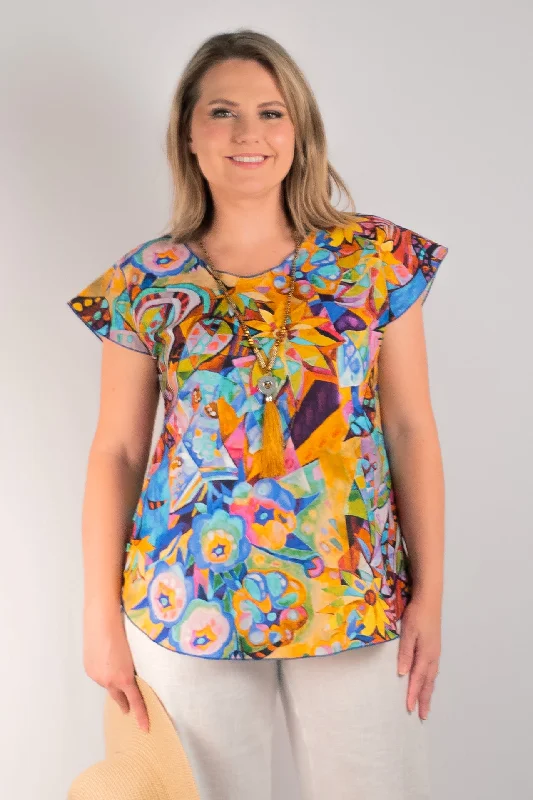 Work Blouses & Shirts with soft fabrics-Sunkist Print Short Sleeve 100% Linen Top