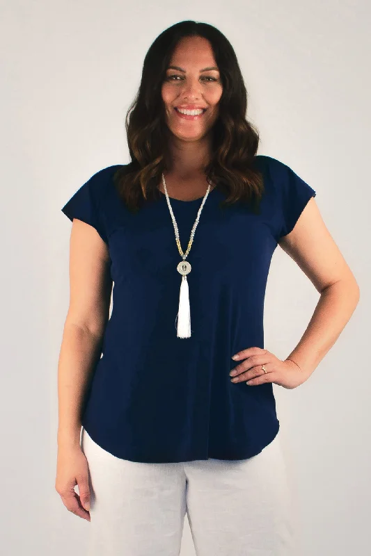 Elegant lace-front Blouses & Shirts-Navy Microfibre Short Sleeve Top