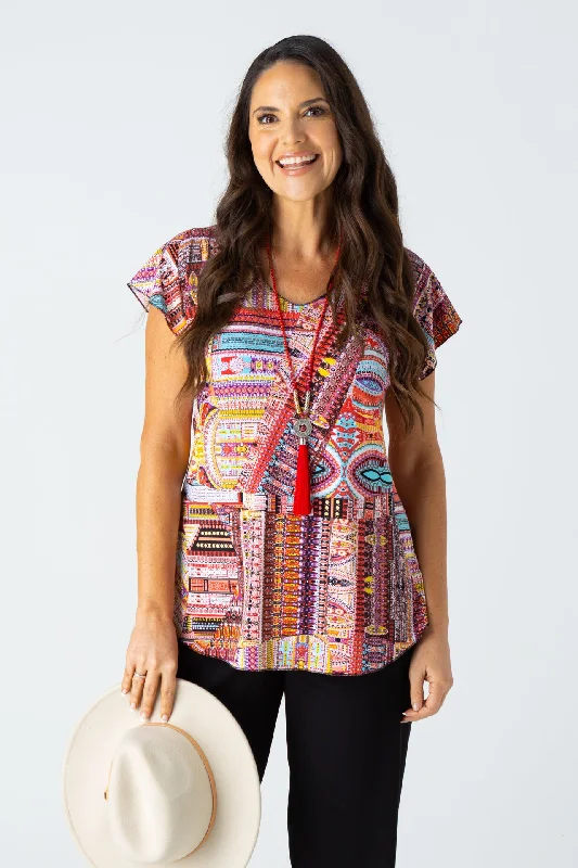 Blouses & Shirts with fun, quirky designs-Patchwork Print Short Sleeve Jersey Top