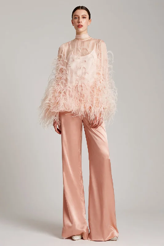 Blouses & Shirts with pleated skirts-Ostrich Feather Embellished Blouse with Bell Sleeves in Baby Pink