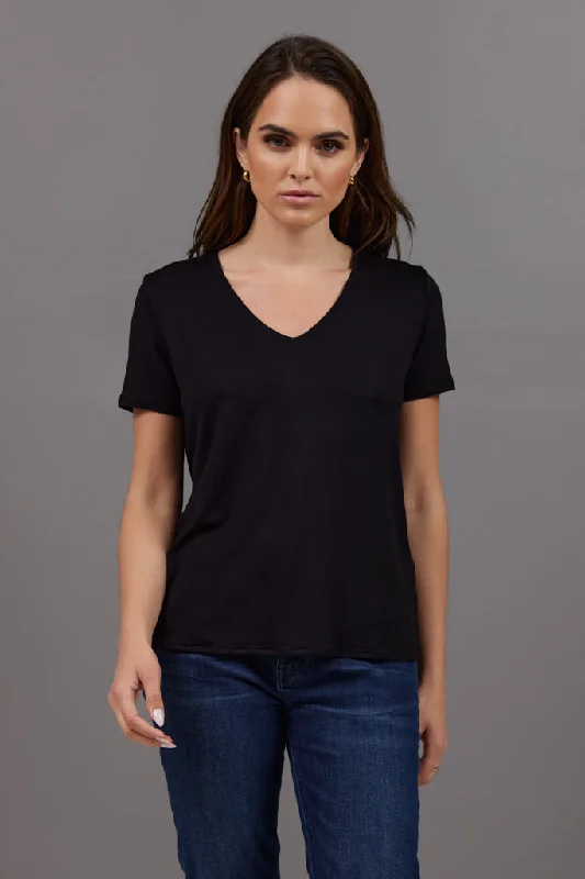 Women's T Shirts-Majestic Soft Touch Semi Relaxed  V-Neck Tee in Noir