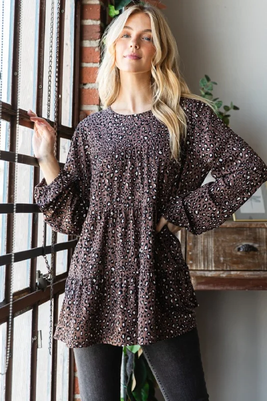 Blouses & Shirts with eyelet designs-Mocha Leopard Long Sleeve Tiered Blouse (Online Exclusive)