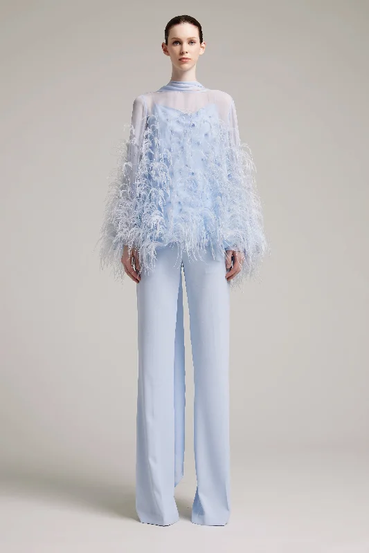 Trendy off-shoulder Blouses & Shirts-Ostrich Feather Embellished Blouse with Bell Sleeves in Baby Blue