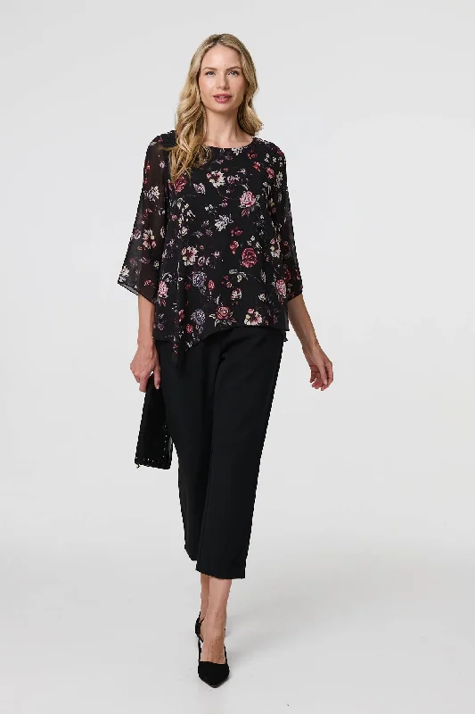 Cozy Blouses & Shirts for winter layering-Floral Semi Sheer Hanky Hem Blouse