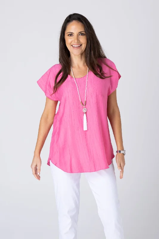 Blouses & Shirts with artistic prints for women-Pink Woven Bamboo Short Sleeve Top