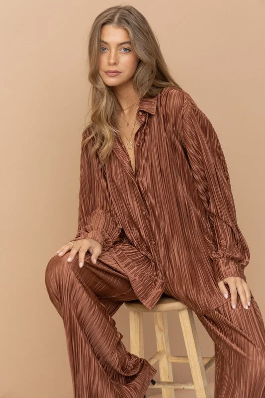 Blouses & Shirts with ruched details-Pleated Blouse Pants Set