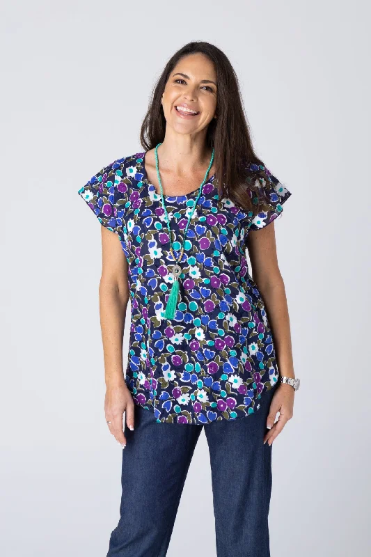 Fashion-forward Blouses & Shirts for work-Grape Print Short Sleeve Non-Crush Jacquard Cotton Top