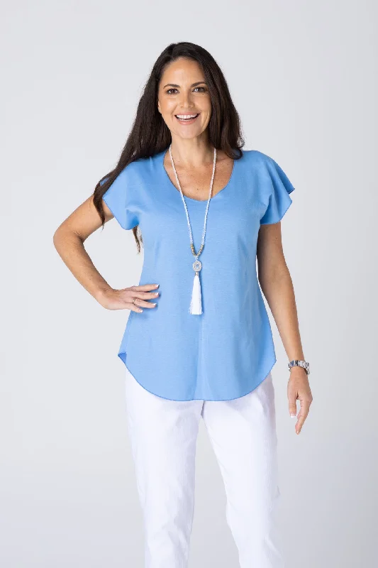 Classic white button-up Blouses & Shirts-Pale Blue Cotton Sports Knit Short Sleeve Top