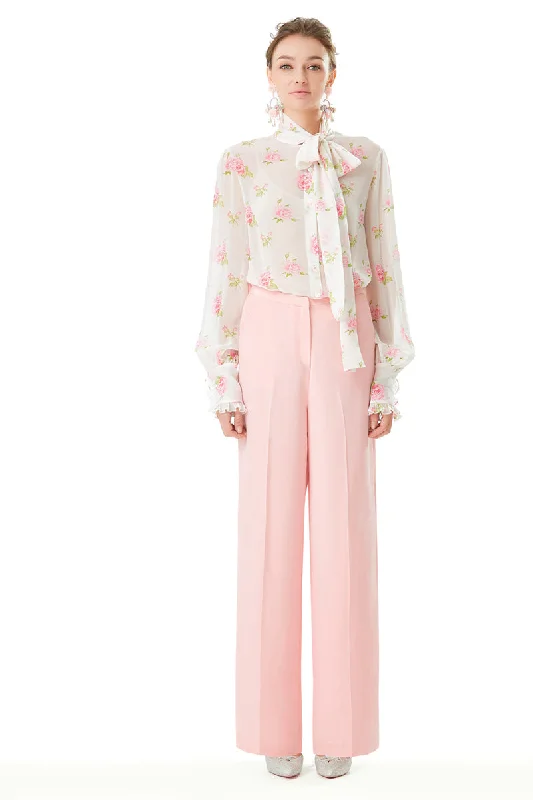 Blouses & Shirts with colorful sleeves-Rose Print Silk Chiffon Pussy Bow Blouse