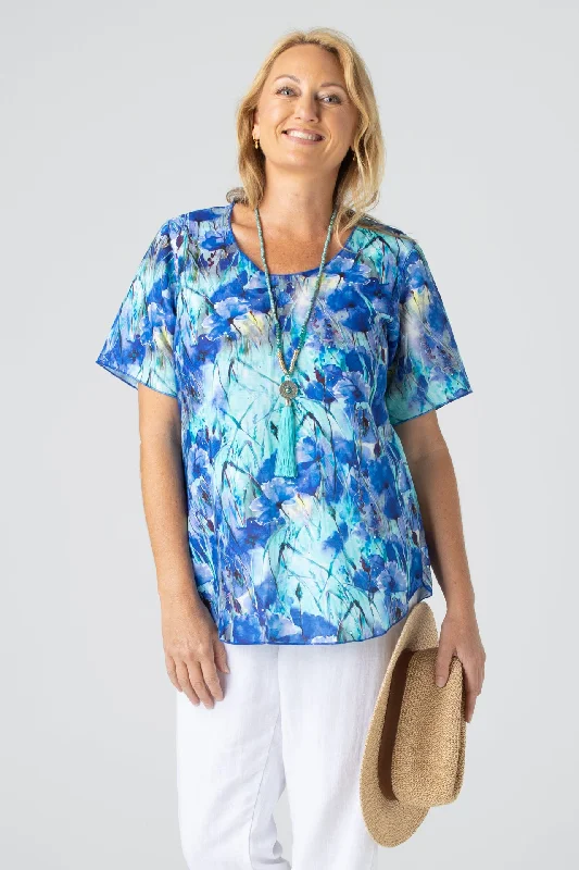 Comfortable Blouses & Shirts with structured fits-Whitsunday Print Short Sleeve Linen/Silk Shirt