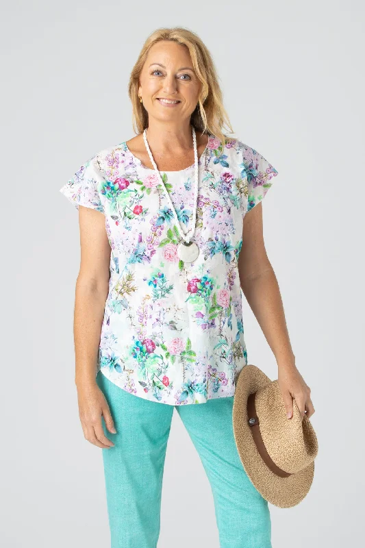 Affordable everyday Blouses & Shirts for women-Pastel Print Short Sleeve Non-Crush Jacquard Cotton Top