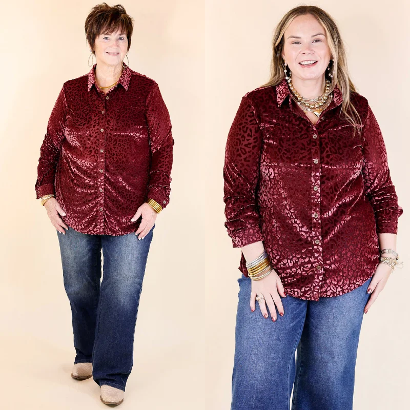 Blouses & Shirts for plus-sized women-Candy Apple Evening Button Up Animal Print Velvet Long Sleeve Blouse in Wine Red