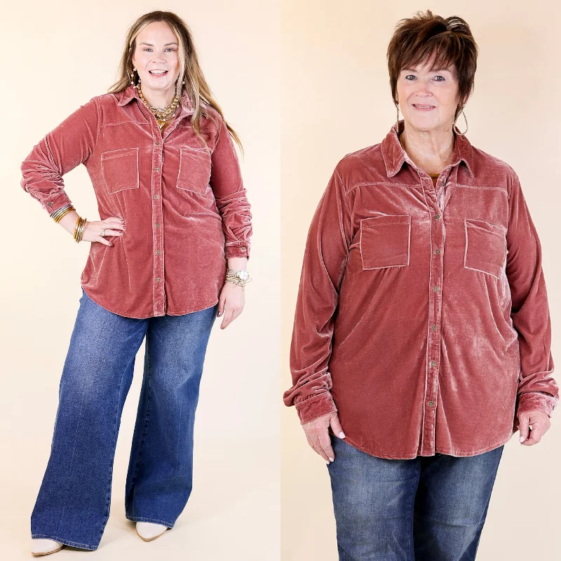 Blouses & Shirts with bell sleeves-Candy Apple Evening Button Up Velvet Long Sleeve Blouse in Rose Quartz Pink