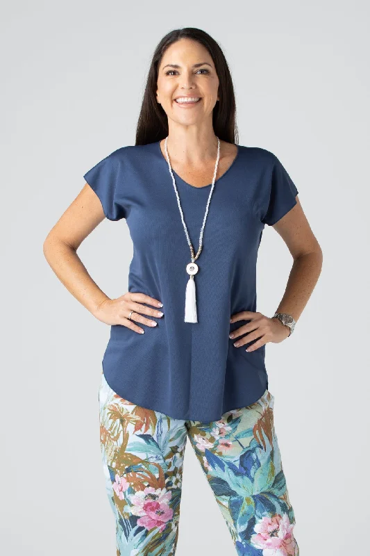 Trendy Blouses & Shirts for fall-Midnight Blue Activewear Short Sleeve Top