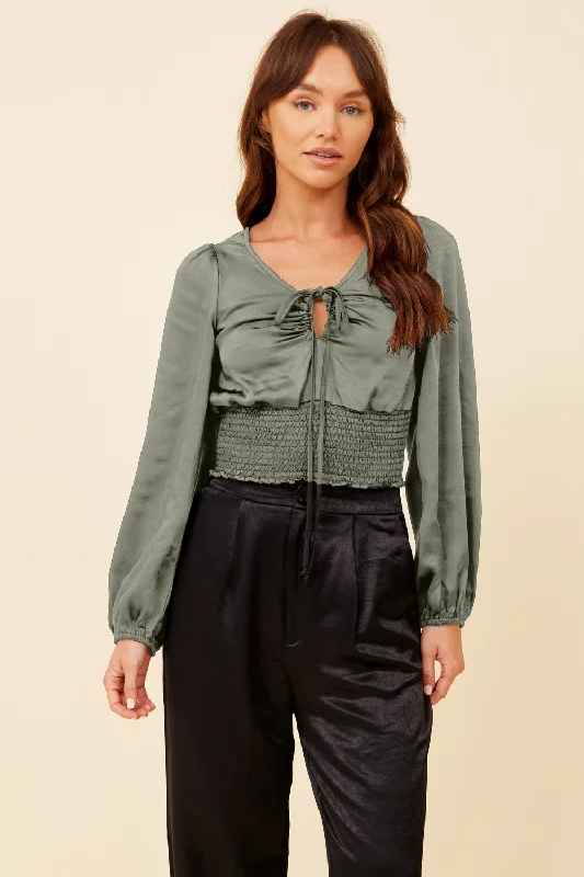 Blouses & Shirts with bow tie details-Silver Pine Heavy Satin Criss Cross Blouse